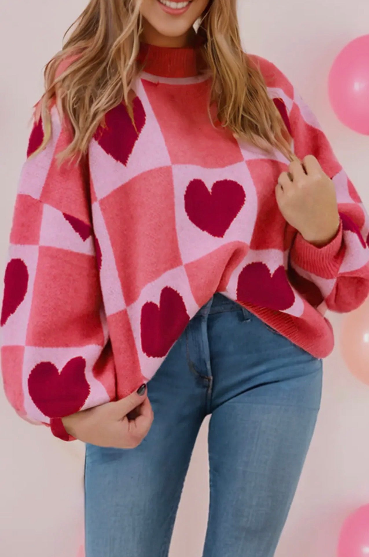 Love Heart Checkered Crewneck Sweater
